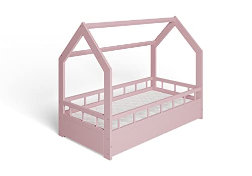 ms factory Hausbett Kinderbett 70x140 cm mit Rausfallschutz und Lattenrost - Einzelbett aus Kiefernholz für Mädchen und Junge - Rosa