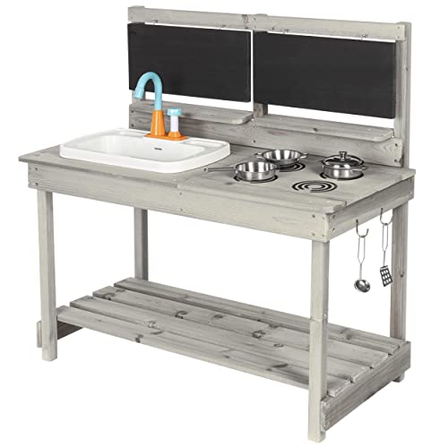 ONVAYA® Matschküche aus Holz | Grau | Outdoor Spielküche mit Waschbecken und schwarzer Tafel | Inklusive Stauraum in der Kinderküche für Draußen