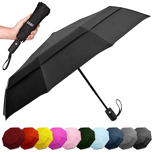 EEZ-Y Regenschirm sturmfest - Taschenschirm mit Auf-Zu-Automatik - Kompakter Regenschirm groß genug für 2 - Inkl. Schirm-Tasche – UV Schwarz