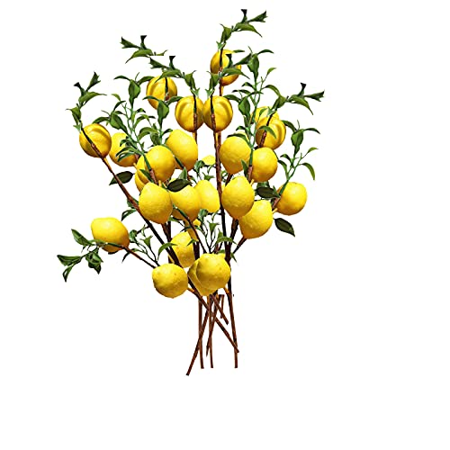 Keebgyy Künstlicher Zitronenzweig, 5 lebendige gelbe künstliche Zitronen mit grünen Blättern, Zitronenfrüchten, Requisiten für Balkon, Zuhause, Hochzeit,...