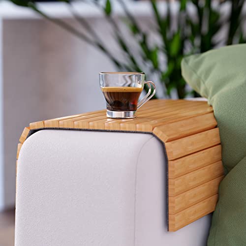 Green'n'Modern Sofatablett rutschfest - Holz Bambus Getränkehalter Armlehne | Couch Tablett flexibel als Sofa Butler | als Sofa Ablage | Armlehnentablett...