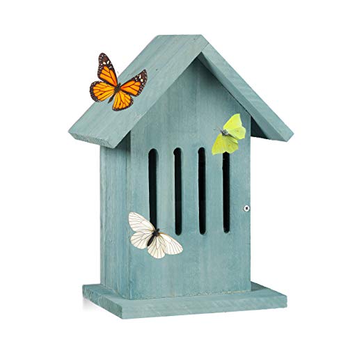 Relaxdays Schmetterlingshaus hängend, Insektenhotel für Garten, Balkon, Distelfalter, HxBxT: 25,5 x 18,5 x 12 cm, türkis