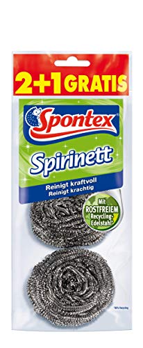 Spontex Spirinett Edelstahlspiralen, ideal für hartnäckigen Schmutz in Töpfen und Pfannen, aus rostfreiem Recycling-Edelstahl (3 x 3 Stück)