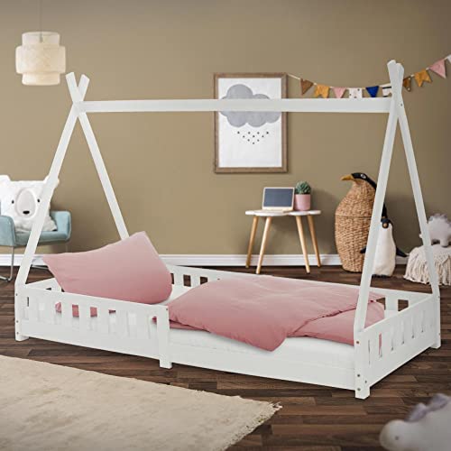 ML-Design Kinderbett Tipi 90x200 cm Weiß mit Rausfallschutz und Lattenrost, aus Kiefernholz, Indianer Bett aus Massivholz für Mädchen & Jungen, Hausbett mit...