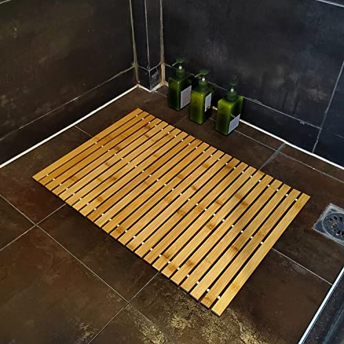 HJJKKH Bambus-Badematte mit 50 x 70 cm, natürlicher Bambus-Badezimmerteppich, faltbare Boden-Dusch-Badewannenmatte für Badezimmer, Badewanne, Dusche, Sauna,...